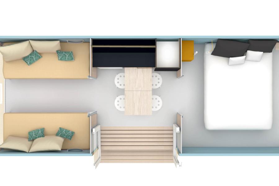 Progettazione interna di una piccola casa con letti e tavolo centrale.